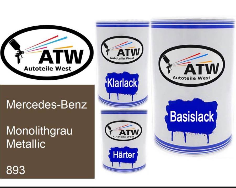 Mercedes-Benz, Monolithgrau Metallic, 893: 500ml Lackdose + 500ml Klarlack + 250ml Härter - Set, von ATW Autoteile West.